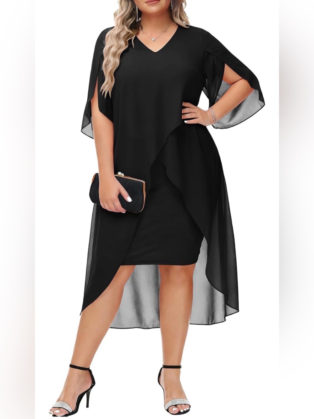 Hanna Nikole Womens Plus Size Chiffon Cocktail Dress Ruffle 3/4 Sleeve Wedding G